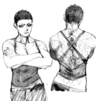 1girl black_hair blackberreh-art breasts cleavage closed_mouth design_speculation eyelashes frown highres jude_perry lips muscular muscular_female shirt short_hair tank_top tattoo the_magnus_archives tomboy very_short_hair white_background