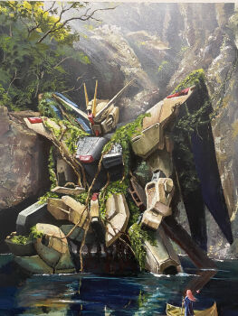 1girl acrylic_paint_(medium) boat chinese_commentary commentary_request day freedom_gundam gundam gundam_seed haro highres holding holding_oar lacus_clyne lixia_(acrylic_painter) long_hair mecha mecha_focus mobile_suit mountain oar on_boat outdoors overgrown painting_(medium) pink_hair reflection reflective_liquid robot science_fiction traditional_media tree v-fin water watercraft wide_shot