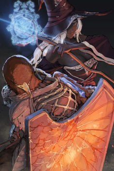 1boy 1girl animal_head armor bare_shoulders beak bird bird_boy black_skin breastplate breasts cleavage colored_eyelashes colored_skin dark-skinned_female dark_skin elden_ring elden_ring_nightreign guardian_(elden_ring) hat hat_over_one_eye hawk highres holding holding_shield holding_sword holding_weapon large_breasts large_hat long_hair looking_at_viewer mage_staff purple_hat purple_sleeves recluse_(elden_ring) shield shoulder_armor staff sword weapon white_eyelashes white_hair witch witch_hat wooden_staff yumawhite3115