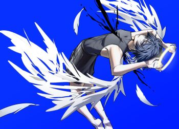 1boy arched_back arms_up barefoot black_blood black_bodysuit black_shorts blood blue_background blunt_ends bodysuit chypuragy commentary_request covered_collarbone covered_navel eyelashes fingernails from_side genshin_impact glowing glowing_halo gold_halo grey_eyes grey_hair hakama hakama_shorts halo holding_halo japanese_clothes korean_commentary leaning_back looking_at_viewer pleated_shorts scaramouche_(genshin_impact) shorts sleeveless sleeveless_bodysuit solo torn_wings tsurime wanderer_(genshin_impact) white_wings wings wispy_bangs