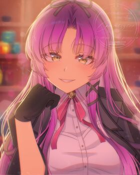 Rule 34 | 1girl, angie03, black gloves, black ribbon, blurry, blurry background, bob cut, bow, breasts, commentary, commission, curtained hair, eiyuu densetsu, english commentary, english text, gloves, hair bow, hair ribbon, highres, kuro no kiseki (series), kuro no kiseki i, large breasts, long hair, long sidelocks, looking at viewer, parted bangs, parted lips, purple hair, renne (eiyuu densetsu), ribbon, sidelocks, smile, solo, twitter username, upper body, watermark, yellow eyes