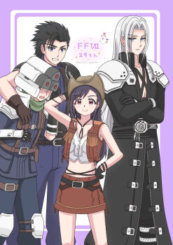 1girl 3boys anniversary arm_around_shoulder armor asami_yutori bare_shoulders belt belt_buckle black_coat black_gloves black_hair blonde_hair blue_eyes blue_jacket blue_pants blush bracelet brown_skirt brown_vest buckle chest_strap closed_mouth cloud_strife coat commentary_request cowboy_hat crisis_core:_final_fantasy_vii crop_top crossed_arms earrings feet_out_of_frame final_fantasy final_fantasy_vii final_fantasy_vii_rebirth final_fantasy_vii_remake gloves green_scarf grey_hair grin hat helmet highres jacket jewelry long_hair looking_at_viewer midriff miniskirt moogle multiple_boys official_alternate_costume open_clothes open_mouth open_vest pants parted_bangs red_eyes scarf sephiroth shinra_infantry_uniform shoulder_armor skirt sleeveless sleeveless_turtleneck smile spiked_hair standing sweater tifa_lockhart tifa_lockhart_(cowgirl) turtleneck turtleneck_sweater twitter_username vest zack_fair