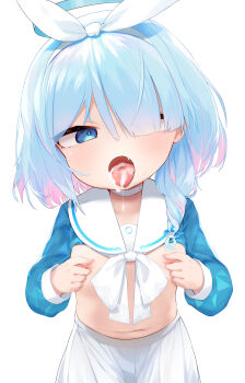 1girl absurdres aqua_hair arona_(blue_archive) blue_archive blue_eyes blush braid clothes_lift cuffs cum cum_in_mouth female_focus flat_chest hair_between_eyes hair_over_one_eye hair_ribbon halo highres loli longcloud looking_at_viewer multicolored_hair nakk nipple_stimulation nipple_tweak nipples open_mouth pink_hair ribbon school_uniform serafuku shirt_lift short_hair simple_background single_braid skirt solo streaked_hair tongue tongue_out white_skirt