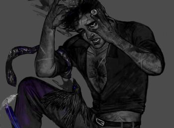 1boy arm_hair arms_up bags_under_eyes beard bird black_necktie black_shirt chest_hair crow dieantwoord2580 eyeball facial_hair falling_feathers feathers gouged_eye guro highres holding holding_eyeball knee_up male_focus midriff multiple_scars necktie open_mouth original partially_colored partially_open_shirt pubic_hair scar scar_on_arm shirt short_hair smoke solo