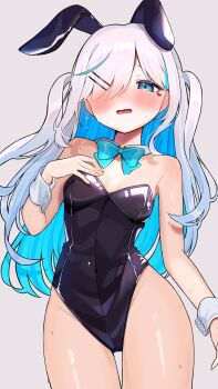 1girl animal_ears aqua_eyes aqua_hair bare_legs bare_shoulders black_leotard blue_bow blue_bowtie blue_eyes blush bow bowtie breasts colored_inner_hair cowboy_shot detached_collar facial_mark fake_animal_ears grey_hair hair_ornament hair_over_one_eye hairclip hand_on_own_chest hand_up heart-shaped_mole highleg highleg_leotard highres ilu_fluor ilu_fluor_(artist) indie_virtual_youtuber leotard long_hair mole mole_under_eye multicolored_hair open_mouth parted_bangs playboy_bunny rabbit_ears simple_background small_breasts solo strapless strapless_leotard streaked_hair sweat thighs virtual_youtuber white_background white_wrist_cuffs wrist_cuffs