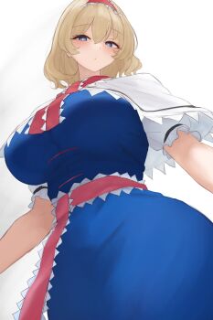1girl absurdres alice_margatroid blonde_hair blue_dress blue_eyes breasts capelet closed_mouth commentary_request dress frilled_hairband frilled_sleeves frills from_below hairband highres large_breasts light_blush looking_at_viewer medium_hair moriforest1040 red_hairband red_ribbon ribbon short_sleeves solo touhou white_background white_capelet