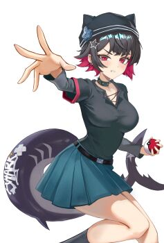 1girl absurdres aqua_skirt belt black_belt black_choker black_hair black_hat black_shirt black_socks breasts choker clenched_teeth collared_shirt colored_inner_hair commentary ellen_joe feet_out_of_frame hair_ornament hat highres holding holding_poke_ball jyn_jyn large_breasts layered_sleeves long_sleeves looking_at_viewer multicolored_hair nintendo outstretched_arm pleated_skirt poke_ball poke_ball_(basic) pokemon red_eyes red_hair shirt shirt_tucked_in short_hair short_over_long_sleeves short_sleeves simple_background skirt socks solo spiked_choker spikes star_(symbol) star_hair_ornament symbol-only_commentary teeth white_background zenless_zone_zero