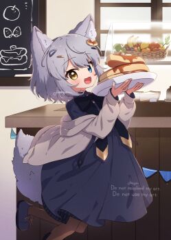 1girl :d animal_ear_fluff animal_ears apple banana black_bow black_dress blue_dress blue_eyes blush bow brown_eyes brown_pantyhose butter dress fang food food-themed_hair_ornament fox_ears fox_girl fox_tail fruit grey_hair grey_jacket hair_between_eyes hair_ornament hairclip hands_up heterochromia holding holding_plate hood hood_down illunetta indoors jacket knife long_sleeves looking_at_viewer off_shoulder open_clothes open_jacket open_mouth original pancake pancake_stack pantyhose pennant plate puffy_long_sleeves puffy_sleeves shoes short_hair sleeves_past_wrists smile solo standing standing_on_one_leg string_of_flags tail twitter_username window yellow_eyes