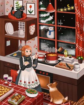 1girl :q animal animated animated_gif apron black_cat black_dress black_eyes blinking boiling bottle bowl brown_hair cabinet cat commentary cooking counter crescent_moon croissant cup cupboard curtains cushion cutting_board dated_commentary dog dress drinking_glass english_commentary fence floating floral_print food hair_ornament hairclip heart heart_hair_ornament heart_necklace highres holding indoors jewelry kitchen kitchen_knife knife ladle levitation magic mittens mituhati moon necklace night original painting_(object) pie pine_tree plant polka_dot pot potted_plant print_apron rug salad salad_bowl salt_shaker sauce sink smile snowing snowman soup spatula standing steam sticky_note stove string_of_light_bulbs tail tail_wagging tasting tomato tongue tongue_out tree twintails wallpaper_(object) white_apron window wine_glass wooden_floor