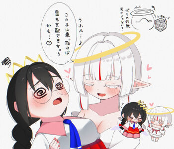 Rule 34 | > <, 2girls, @ @, alt 0218, black hair, blush, braid, breasts, chibi, cleavage, closed eyes, commentary request, crown, genderswap, genderswap (otf), glasses, grey background, halo, heart, highres, kirby (series), kirby 64, low twin braids, miracle matter, multiple girls, nail polish, nintendo, open mouth, personification, pink nails, pointy ears, ripple star queen, simple background, smile, speech bubble, spiral-only eyes, translation request, twin braids, white hair, zero two (kirby)