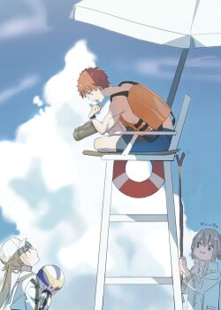 Rule 34 | 1girl, 2boys, :3, artoria caster (fate), artoria caster (swimsuit) (fate), artoria caster (swimsuit) (first ascension) (fate), artoria caster (swimsuit berserker) (first ascension) (fate), artoria pendragon (fate), ball, beach umbrella, binoculars, blue sky, chair, closed mouth, cloud, cloudy sky, day, emiya shirou, fate/grand order, fate (series), grey hair, highres, holding, holding ball, holding binoculars, jacket, lifebuoy, lifeguard, lifeguard chair, lifeguard tower, long hair, looking at another, male swimwear, medium hair, multiple boys, oberon (fate), oberon (overnight dream) (fate), oberon (third ascension) (fate), open mouth, outdoors, pout, red hair, senji muramasa (fate), short hair, sitting, sky, smile, soshin (siriusalpc), standing, swim ring, swim trunks, twintails, umbrella, volleyball (object), watch