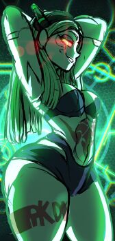 1girl arms_up ass breasts cleavage colored_sclera colored_skin curvy cyberpunk:_edgerunners cyberpunk_(series) female_focus glowing glowing_eyes green_eyes green_hair hair_down huge_ass kwalker1009 leg_tattoo long_hair matching_hair/eyes micro_shorts navel neon_lights nude rebecca_(cyberpunk) red_sclera shiny_skin shorts small_breasts smug solo standing stomach_tattoo tattoo thick_thighs thighs thong whale_tail_(clothing) white_skin wide_hips