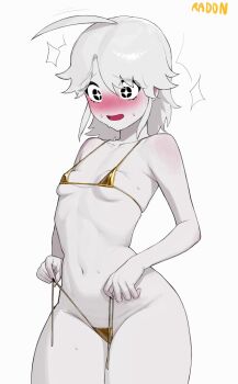 Rule 34 | + +, 1girl, ahoge, bare legs, bikini, black nails, blush, breasts, collarbone, embarrassed, gold bikini, highres, medium hair, menchi (radon86 nya), messy hair, micro bikini, midriff, navel, non-web source, open mouth, original, pale skin, radon86 nya, shiny clothes, simple background, small breasts, solo, sparkle, standing, sweat, sweatdrop, swimsuit, thick thighs, thighs, third-party source, white background, white hair