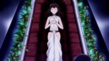 arm_at_side bed big_order brown_hair closed_eyes closed_mouth collar collar_jewel flat_chest full_body groin hands_on_own_chest hoshimiya_sena jewelry leaf long_hair lying naked_robe necklace no_panties non-web_source official_art on_back open_clothes open_robe own_hands_together pendant_collar revealing_clothes robe sleeping straight_hair white_robe