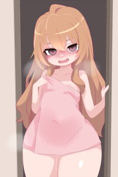 1girl aisaka_taiga areola_slip bare_shoulders blush breasts brown_eyes brown_hair collarbone covered_navel cowboy_shot curvy doorway flat_chest hair_between_eyes kukuchi581 kyojiri_loli loli long_hair looking_at_viewer naked_towel open_mouth pussy_juice small_breasts smile solo standing thick_thighs thighs toradora! towel wide_hips