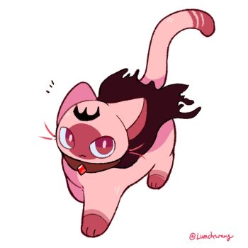 Rule 34 | animalization, black cape, black tiara, cape, cat, highres, hololive, hololive english, luchawang, mori calliope, no humans, pink cat, pink eyes, signature, tiara, torn cape, torn clothes, virtual youtuber