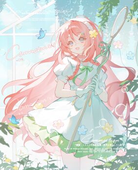 Rule 34 | 1girl, absurdres, blue butterfly, blue flower, blue sky, bow, bowtie, bubble, bug, butterfly, butterfly net, choker, colored eyelashes, cowboy shot, day, dress, eyelashes, flower, frilled dress, frills, gloves, green bow, green bowtie, green ribbon, greenhouse, hair between eyes, hair ornament, hairband, hairclip, hand net, happy, highres, holding, holding butterfly net, indoors, insect, lai diandian dian shu tiao, leaf, long hair, looking at animal, makeup, open mouth, original, pink choker, pink flower, pink hair, puffy short sleeves, puffy sleeves, ribbon, rouge (makeup), short sleeves, sidelocks, sky, solo, sunlight, white dress, white gloves, white hairband, yellow flower