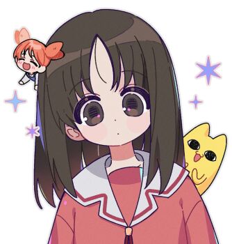 Rule 34 | <o> <o>, 2girls, :3, :d, azumanga daioh's school uniform, azumanga daiou, brown hair, closed eyes, closed mouth, grey outline, highres, kasuga ayumu, looking at viewer, medium hair, mihama chiyo, mihama chiyo's father, mini person, minigirl, multiple girls, open mouth, orange hair, outline, parted bangs, red shirt, sailor collar, school uniform, shirt, short hair, short twintails, simple background, smile, twintails, upper body, white background, white sailor collar, yalmyu