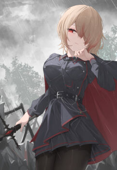 1girl absurdres belt black_belt black_necktie black_skirt blonde_hair breasts cape cloud cloudy_sky commission grey_sky hair_over_one_eye highres holding holding_sword holding_weapon koyokurosuki large_breasts long_sleeves multicolored_hair necktie original outdoors rain red_eyes red_hair short_hair skeb_commission skirt sky solo sword weapon wet