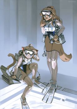 2girls ahoge animal_ears animal_nose blue_eyes brown_hair cat_ears cat_girl cat_tail company_name computer denchou diving_mask diving_mask_on_head dog_ears dog_girl dog_tail flippers floppy_ears goggles goggles_on_head highres logo multiple_girls one-piece_swimsuit original oxygen_tank ponytail pool scuba_gear see-through_clothes see-through_thighhighs sitting standing swimsuit tail thighhighs