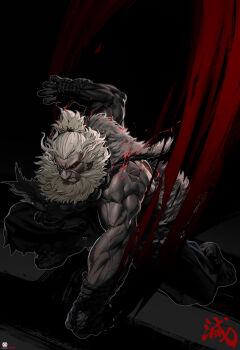 Rule 34 | 1boy, absurdres, akuma (street fighter), character name, commentary, highres, mahousho, muscular, muscular male, red eyes, solo, street fighter, topknot, veins, veiny arms