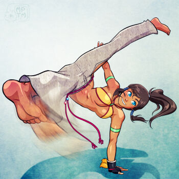 1girl armband avatar:_the_last_airbender avatar_legends barefoot black_hair blue_eyes breasts capoeira christie_monteiro christie_monteiro_(cosplay) cosplay criss-cross_halter dark-skinned_female dark_skin feet female_focus fingerless_gloves full_body gloves hair_tubes halterneck handstand kicking korra long_hair motion_blur my_pet_tentacle_monster one_arm_handstand ponytail soles solo spread_legs tekken the_legend_of_korra toes underboob