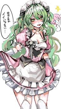 2girls apron blue_eyes blush breasts cleavage commentary_request dress earrings elysia_(honkai_impact) garter_straps gettou0_0 green_eyes green_hair highres honkai_(series) honkai_impact_3rd jewelry maid maid_apron maid_headdress mobius_(honkai_impact) mobius_(mobius_dressing)_(honkai_impact) multiple_girls official_alternate_costume pink_dress pink_hair simple_background small_breasts speech_bubble thighhighs thighs thumbs_up tongue tongue_out translation_request white_apron white_background white_garter_straps white_thighhighs