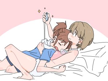Rule 34 | 2girls, barefoot, blue hoodie, blush, brown hair, city (arawi keiichi), closed eyes, closed mouth, commentary, cuddling, highres, holding locket, hood, hoodie, lying on person, multiple girls, nagumo midori, niikura (city), pillow, pink background, pink tank top, ponytail, short hair, shorts, sleeping, sleeping on person, smile, sparkle, tank top, two-tone background, white background, white shorts, wichimi, yuri