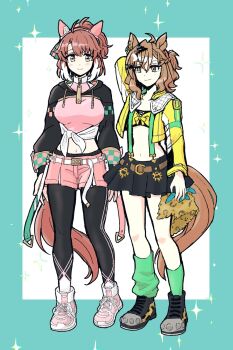 2girls ahoge animal_ears bandana bandeau belt black_leggings black_shrug black_skirt blush bow breasts brown_belt brown_eyes brown_hair checkered_ribbon closed_mouth cropped_jacket dantsu_flame_(center_spotlight)_(umamusume) dantsu_flame_(umamusume) ear_covers ear_ornament ear_ribbon earrings full_body green_socks hair_between_eyes hair_ornament hairclip highres horse_ears horse_girl horse_tail jacket jewelry jungle_pocket_(champion&#039;s_battle_cry)_(umamusume) jungle_pocket_(umamusume) large_breasts leggings leggings_under_shorts long_sleeves looking_at_viewer medium_hair midriff multicolored_hair multiple_girls navel notched_ear open_clothes open_jacket pink_shirt pink_shorts sanayama_(thou_uoht) shirt shorts shrug_(clothing) skirt small_breasts smile socks tail tied_shirt umamusume white_hair white_shirt yellow_bandana yellow_eyes yellow_jacket