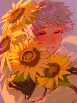 1boy axis_powers_hetalia black_gloves bouquet brown_coat chromatic_aberration cloud cloudy_sky coat crossed_arms evening flower gloves grey_hair half-closed_eyes hands_up hashtag-only_commentary holding holding_bouquet leaf long_sleeves male_focus open_mouth outdoors pipinopipi0219 purple_eyes purple_sky russia_(hetalia) scarf short_hair sky solo sunflower teeth upper_body white_scarf yellow_flower