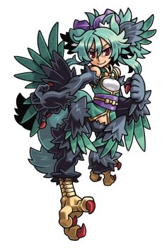 Rule 34 | 1girl, animal ears, animal hands, bird tail, black wings, bow, claws, closed mouth, digitigrade, feathered wings, framed breasts, gold trim, green hair, green shirt, green tail, green wings, hair between eyes, hair bow, harakawa mitsuhiro, harpy, light smile, long hair, looking at viewer, midriff, monster girl, morgan (shinrabanshou), navel, official art, purple bow, purple sash, red eyes, red nails, sash, shinrabanshou, shirt, sleeveless, sleeveless shirt, solo, tail, third-party source, transparent background, winged arms, wings