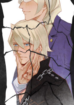 2boys absurdres ace_attorney apollo_justice:_ace_attorney black_jacket blonde_hair blue_eyes blue_suit brothers chain chain_necklace chin_rest collared_shirt crack drill_hair expressionless eyes_out_of_frame formal_clothes glasses hair_between_eyes hair_down hair_over_shoulder hand_on_another's_face head_on_head head_out_of_frame head_rest highres jacket jewelry klavier_gavin kristoph_gavin lapel_pin lapels light_smile long_hair looking_ahead male_focus multiple_boys necklace partially_open_jacket popped_collar scar scar_on_hand shirt short_hair siblings side_drill sio2_(whynotkarma) suit suit_jacket upper_body