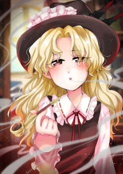 1girl absurdres blonde_hair blowing_smoke brown_hat brown_skirt brown_vest commentary_request dolls_in_pseudo_paradise fedora frilled_sleeves frills hat highres holding holding_smoking_pipe jacket_girl_(dipp) kanonari long_hair long_sleeves shirt skirt smoking_pipe solo touhou vest wavy_hair white_shirt yellow_eyes