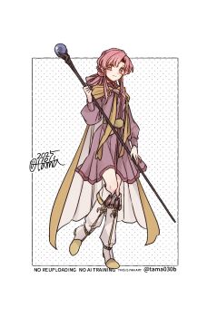 1girl belt ben-day_dots boots breasts cape closed_mouth commentary_request dated dress ethlyn_(fire_emblem) fire_emblem fire_emblem:_genealogy_of_the_holy_war full_body highres holding holding_staff knee_boots long_hair long_sleeves looking_at_viewer mage_staff medium_dress nintendo pink_dress pink_eyes pink_hair sayu030b screentones sidelocks signature simple_background small_breasts smile solo staff standing standing_on_one_leg two-tone_cape watermark white_background white_boots white_cape