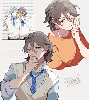 Rule 34 | 2boys, brown hair, collarbone, confused, green hair, half updo, hand on own face, hibiki kaito, highres, holding, holding phone, jogi (precure), kimi to idol precure, looking at viewer, looking up, male focus, mirror selfie, multiple boys, neck, necktie, nonoko (nopippichan), one eye closed, parted bangs, phone, precure, school, school uniform, selfie, shirt, short hair, short sleeves, smirk, solo, solo focus, twitter username, upper body, v, watermark