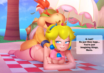 1boy 1girl ass bikini bikini_pull biting_own_lip blonde_hair blue_eyes bowser_jr. breasts cameltoe clothes_pull crown cum cum_overflow english_text gbumop half-closed_eyes interspecies large_breasts lying mario_(series) naughty_face nintendo ocean on_stomach outdoors pink_bikini ponytail princess_peach prone_bone sex sex_from_behind smile stomach swimsuit
