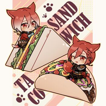2boys ;d animal_ears cat_boy cat_ears cat_tail chibi chibi_only crystal_exarch dual_persona facial_mark final_fantasy final_fantasy_xiv food full_body g'raha_tia highres holding holding_food in_food looking_at_viewer male_focus mini_person miniboy miqo'te multiple_boys one_eye_closed open_mouth paw_print red_eyes selloum short_hair smile taco tail