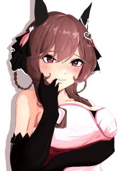 1girl animal_ears black_ribbon braid braided_hair_rings breasts brown_hair commentary ear_covers gentildonna_(umamusume) hair_between_eyes hair_ribbon hair_rings highres horse_ears horse_girl large_breasts long_hair looking_at_viewer pakarappakaratt red_eyes ribbon simple_background solo umamusume upper_body white_background