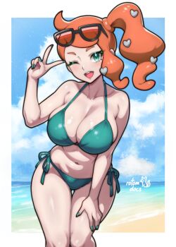 1girl absurdres arm_support artist_name beach bikini blue_sky breasts cleavage cloud commentary commission english_commentary eyewear_on_head full_cleavage gluteal_fold green_bikini green_eyes green_nails hair_ornament hand_on_own_thigh hand_up heart heart_hair_ornament highres ko-fi_commission large_breasts leaning_forward light_blush looking_at_viewer nail_polish navel nintendo ocean one_eye_closed open_mouth orange_hair pokemon pokemon_sword_and_shield rotomdocs side-tie side-tie_bikini_bottom side_ponytail sideboob single_sidelock sky solo sonia_(pokemon) standing stomach sunglasses swimsuit teeth upper_teeth_only v