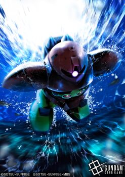 copyright_logo copyright_name copyright_notice glowing glowing_eye gogg gundam gundam_card_game kaeru_dx logo mecha mecha_focus mobile_suit mobile_suit_gundam no_humans official_art one-eyed pink_eyes robot science_fiction solo underwater zeon