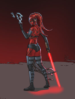 1girl absurdres alien ass black_boots black_gloves black_shorts boots colored_skin darth_talon elbow_gloves electricity electrokinesis energy_sword flat_ass full-body_tattoo gloves highres holding holding_sword holding_weapon invictarex lekku_(anatomy) lightsaber micro_shorts red_lightsaber red_skin shorts sith solo standing star_wars sword tattoo thigh_boots tribal_tattoo twi&#039;lek weapon yellow_eyes
