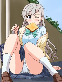 1girl aqua_bow aqua_bowtie bag blue_shirt blue_skirt blue_sky bow bowtie braid bread bread_slice brown_shoes cardigan clear_sky closed_mouth commentary crotch_seam day dress_shirt earrings food food_in_mouth frown grey_eyes grey_hair grey_panties highres hisakawa_hayate holding holding_bag idolmaster idolmaster_cinderella_girls jewelry lielos loafers long_hair long_sleeves looking_at_viewer miniskirt mouth_hold off_shoulder one_eye_closed open_cardigan open_clothes outdoors panties pantyshot plaid_clothes plaid_skirt pleated_skirt school_bag school_uniform shirt shoes sitting skirt sky socks solo toast toast_in_mouth underwear white_socks wing_collar yellow_cardigan