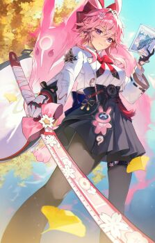 1girl absurdres animal_ears black_pantyhose blue_skirt blue_sky bow bowtie breasts chann837 commentary_request evanescia_(honkai:_star_rail) flower fox fox_ears fox_girl gloves hair_flower hair_intakes hair_ornament highres holding holding_stick honkai:_star_rail honkai_(series) large_breasts measuring_stick pantyhose partially_fingerless_gloves pink_hair purple_eyes red_bow red_bowtie shirt short_hair_with_long_locks skirt sky solo stick w weapon white_shirt