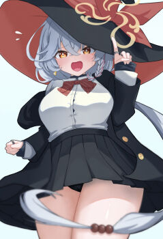 1girl absurdres black_panties black_robe black_skirt blue_archive blush breasts card collared_shirt commentary_request eri_(blue_archive) hair_between_eyes halo hat hat_ribbon highres index_finger_raised jewelry large_breasts long_hair long_sleeves looking_at_viewer multiple_rings open_mouth orange_eyes orange_trim panties pleated_skirt red_hair red_ribbon red_trim ribbon ring robe shirt simple_background skirt sleeves_past_wrists smile solo underwear user_myyp2782 very_long_hair white_shirt wide_sleeves yellow_halo