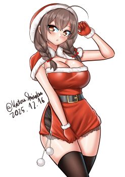 Rule 34 | 1girl, absurdres, ahoge, alternate costume, belt, black belt, black thighhighs, braid, breasts, brown eyes, brown hair, capelet, commentary request, dated, dress, fur-trimmed capelet, fur-trimmed dress, fur-trimmed gloves, fur-trimmed headwear, fur trim, gloves, hat, highres, kantai collection, katou shinobu, large breasts, long hair, looking at viewer, one-hour drawing challenge, red capelet, red dress, red gloves, red ribbon, ribbon, santa costume, santa dress, santa hat, shinshuu maru (kancolle), simple background, skirt, skirt tug, solo, thighhighs, twin braids, twitter username, white background