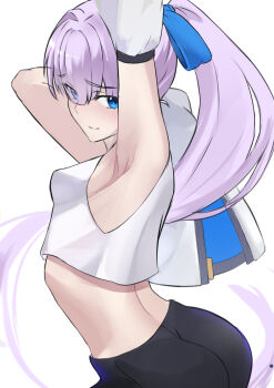 1girl absurdres ass bare_shoulders black_pants blue_eyes blush breasts commentary_request cropped_shirt detached_sleeves fate/grand_order fate_(series) high_ponytail highres long_hair looking_at_viewer meltryllis_(fate) pants ponytail purple_hair shirt sleeveless sleeveless_shirt small_breasts smile solo very_long_hair white_shirt wide_sleeves yugusan5