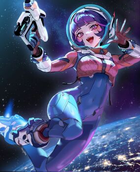 blue_bodysuit blunt_bangs bodysuit breasts covered_navel earth_(planet) floating full_body gloves helmet highres holding holding_weapon juno_(overwatch) long_sleeves looking_at_viewer open_hand open_mouth overwatch overwatch_2 planet purple_eyes purple_hair short_hair skin_tight small_breasts solo space space_helmet star_(sky) teeth thrusters ttong824 upper_teeth_only weapon white_footwear