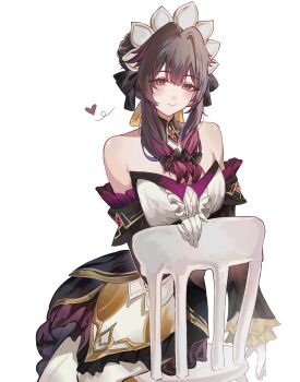 Rule 34 | 1girl, bare shoulders, black collar, black hair, black sleeves, blush, bonnet, bow, breasts, chair, closed mouth, collar, columbina (genshin impact), commentary, cosplay, detached collar, detached sleeves, dress, gem, genshin impact, gloves, hair bow, hair bun, headdress, heart, highres, kbnimated, long sleeves, multicolored hair, multiple hair bows, on chair, pantyhose, purple eyes, purple hair, purple streaks, red gem, sandrone (genshin impact), sandrone (genshin impact) (cosplay), short hair, short hair with long locks, sidelocks, simple background, sitting, smile, solo, streaked hair, two-tone hair, untranslatable commentary, unusually open eyes, white background, white gloves, white headdress