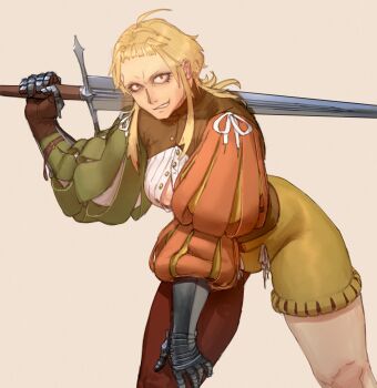 1girl absurdres blonde_hair borrowed_character breasts commentary english_commentary gauntlets grin highres knight medium_breasts medium_hair messy_hair original red_eyes sanpaku sidelocks smile sword wass_nonnam weapon