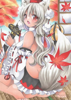 Rule 34 | 1girl, animal ears, autumn, autumn leaves, backless outfit, bare shoulders, barefoot, black skirt, detached sleeves, fang, frilled skirt, frilled sleeves, frills, from behind, full body, grey hair, grey tail, hat, highres, holding, holding sword, holding weapon, inubashiri momiji, katana, leaf, long hair, looking at viewer, looking back, maccha xxxxxx, marker (medium), nail polish, no panties, open mouth, pom pom (clothes), red eyes, red hat, red nails, red ribbon, ribbon, ribbon-trimmed sleeves, ribbon trim, sample watermark, sheath, sheathed, sitting, skirt, sleeve ribbon, soles, solo, sword, tail, tassel, tatami, tokin hat, touhou, traditional media, tree, wariza, watermark, weapon, wide sleeves, wolf ears, wolf girl, wolf tail